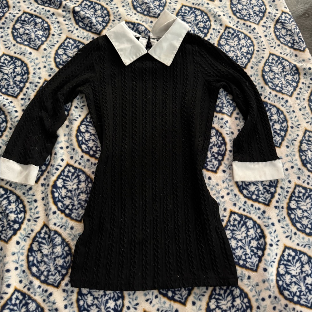 Chic Black Knit Dress with White Collar and Cuffs